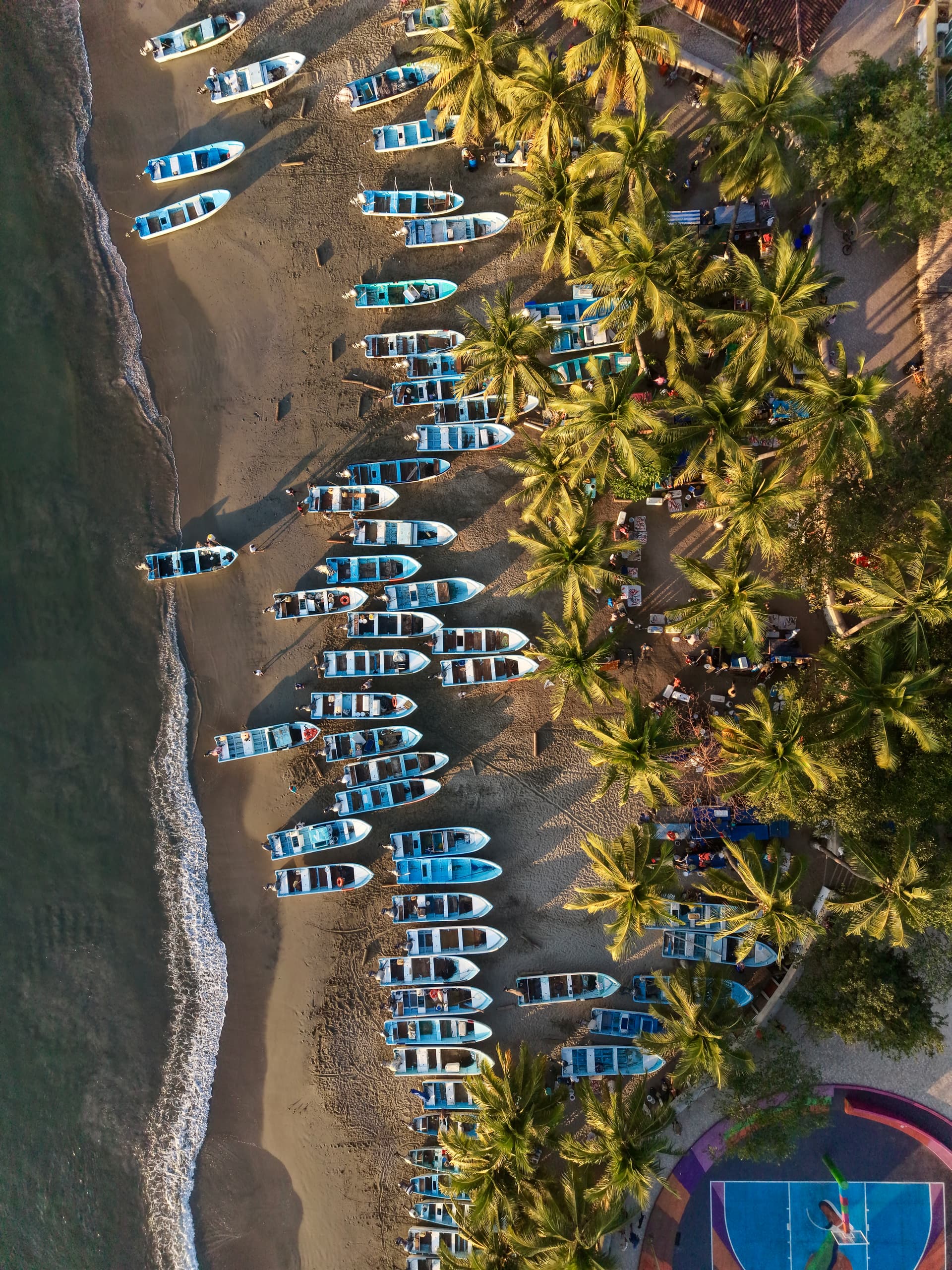 Vista aérea de playa, palmeras y embarcaciones en Zihuatanejo